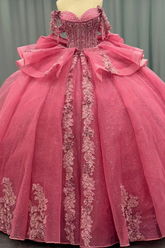 Ball Gown Off Shoulder Sleeveless Beaded Sequins 3D Flower Appliques Bow Knot Glitter Pink Tulle Quinceanera Dress Formal Evening Party Gown For Sweet 16